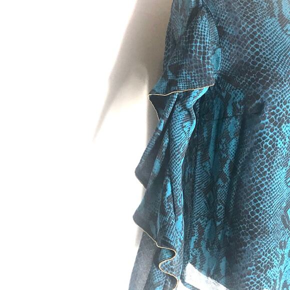 N) Thalia Sodi Sheer Ruffles Snake Print Blouse Top Teal Blue Black size Small - Picture 8 of 10